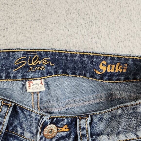 Silver Jeans Women's 29x28 90s Suki Flare Leg Blue Denim Stretch Low Rise Hemmed - Picture 10 of 13